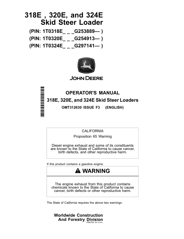 John Deere 318E, 320E, 324E Skid Steers Operator's Manuals (OMT312630)