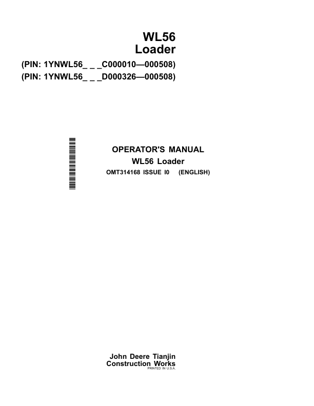 John Deere WL56 Loaders Operator's Manuals (OMT314168)