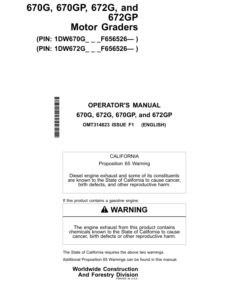 John Deere 670G, 670GP, 672G, 672GP Motor Graders Operator's Manuals (OMT314823)