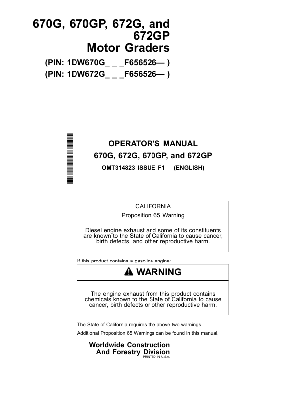 John Deere 670G, 670GP, 672G, 672GP Motor Graders Operator's Manuals (OMT314823)
