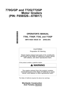 John Deere 770G, 770GP, 772G, 772GP Motor Graders Operator's Manuals (OMT314825)