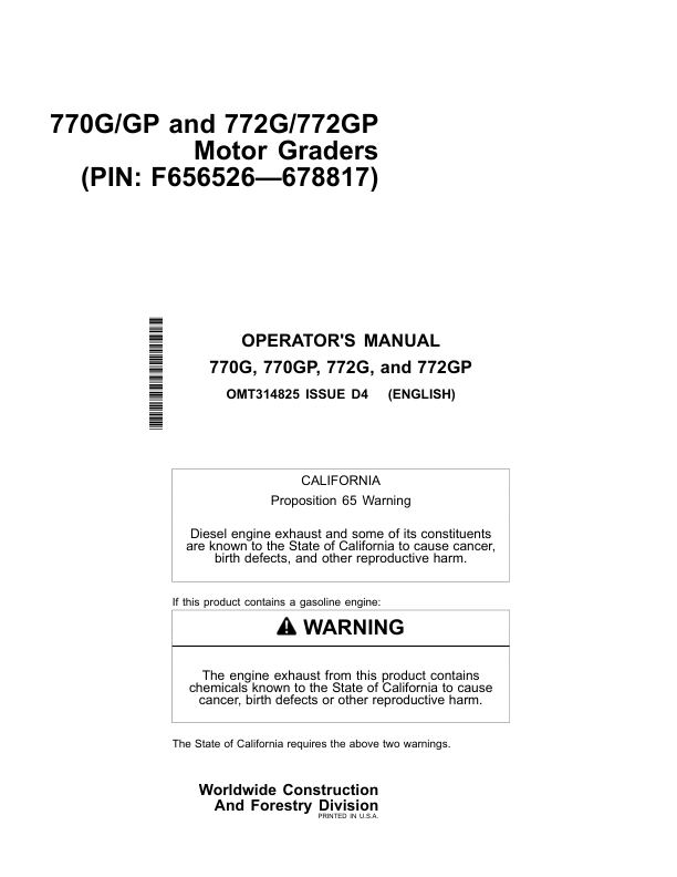 John Deere 770G, 770GP, 772G, 772GP Motor Graders Operator's Manuals (OMT314825)