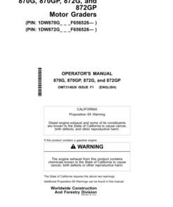 John Deere 870G, 870GP, 872G, 872GP Motor Graders Operator's Manuals (OMT314826)