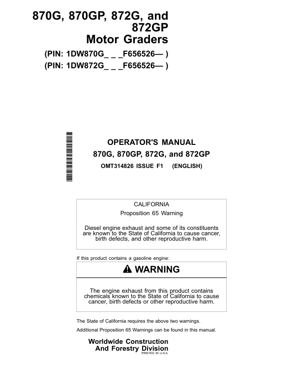 John Deere 870G, 870GP, 872G, 872GP Motor Graders Operator's Manuals (OMT314826)