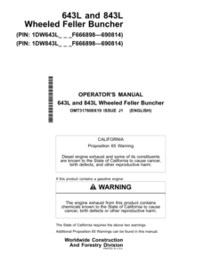 John Deere 643L, 843L Wheeled Feller Bunchers Operator's Manuals (OMT317600X19)