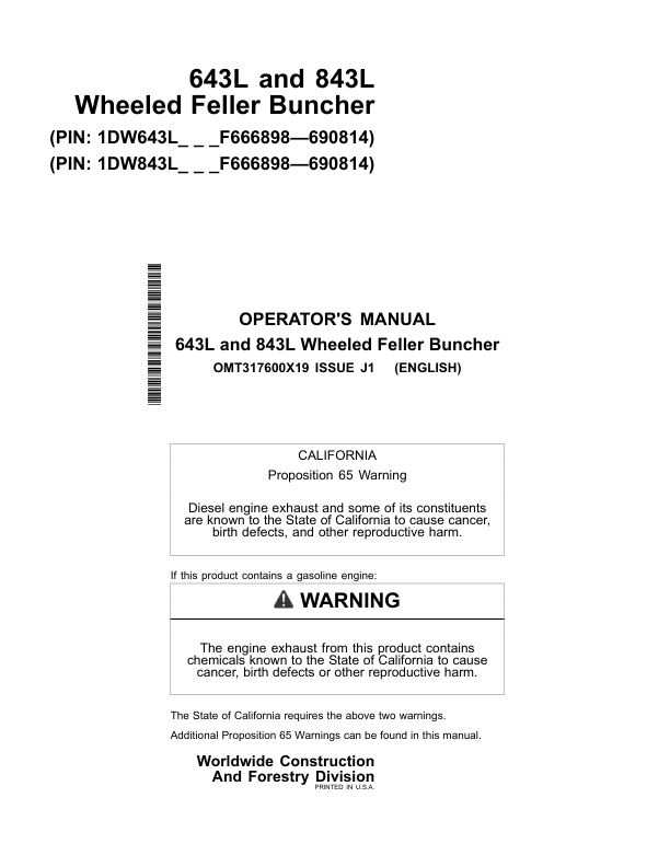 John Deere 643L, 843L Wheeled Feller Bunchers Operator's Manuals (OMT317600X19)