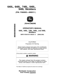 John Deere 640L, 648L, 748L, 848L, 948L Skidders Operator's Manuals (OMT317601X19)