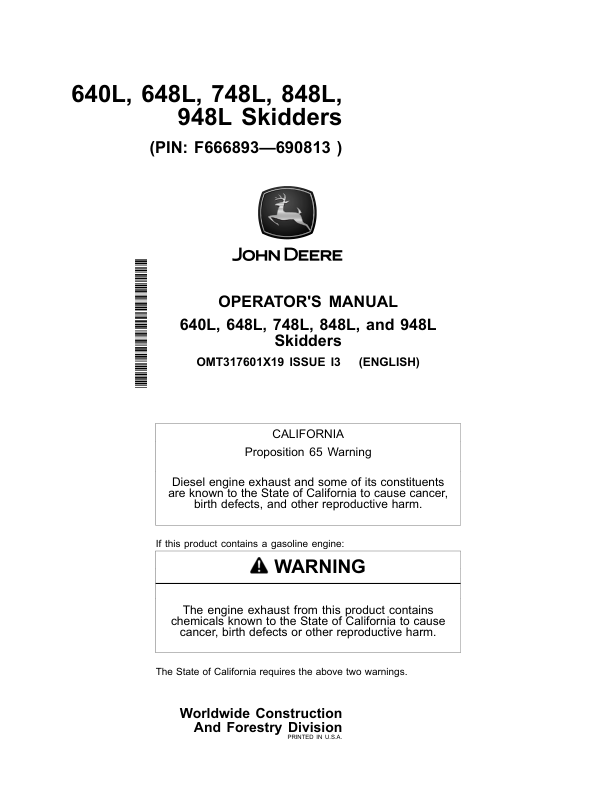 John Deere 640L, 648L, 748L, 848L, 948L Skidders Operator's Manuals (OMT317601X19)