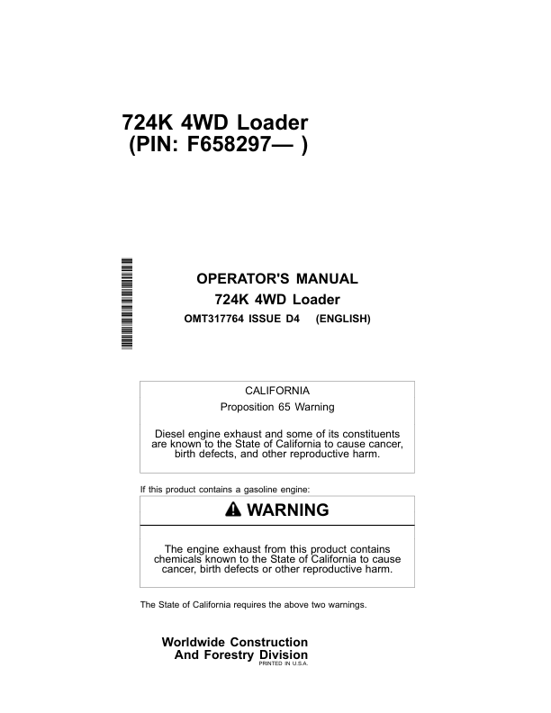 John Deere 724K Loaders Operator's Manuals (OMT317764)