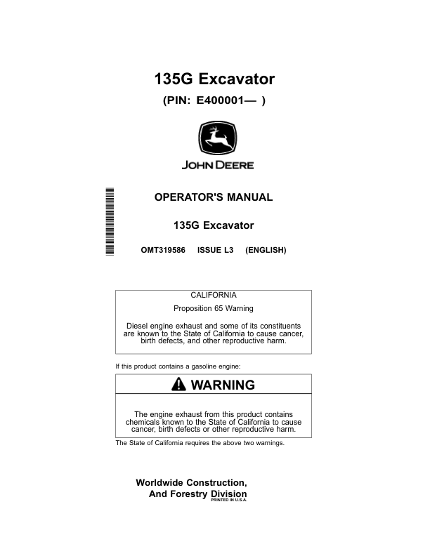 John Deere 135G Excavators Operator's Manuals (OMT319586)