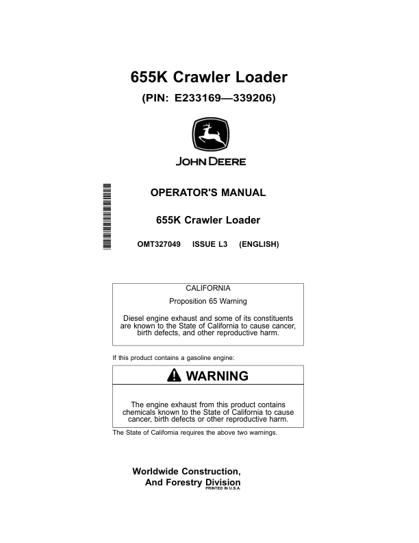 John Deere 655K Crawler Loaders Operator's Manuals (OMT327049)