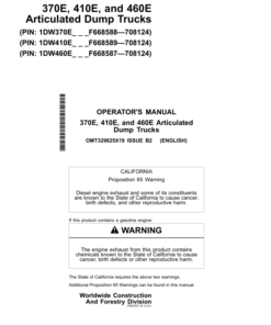 John Deere 370E, 410E, 460E Articulated Dump Trucks Operator's Manuals (OMT329825X19)