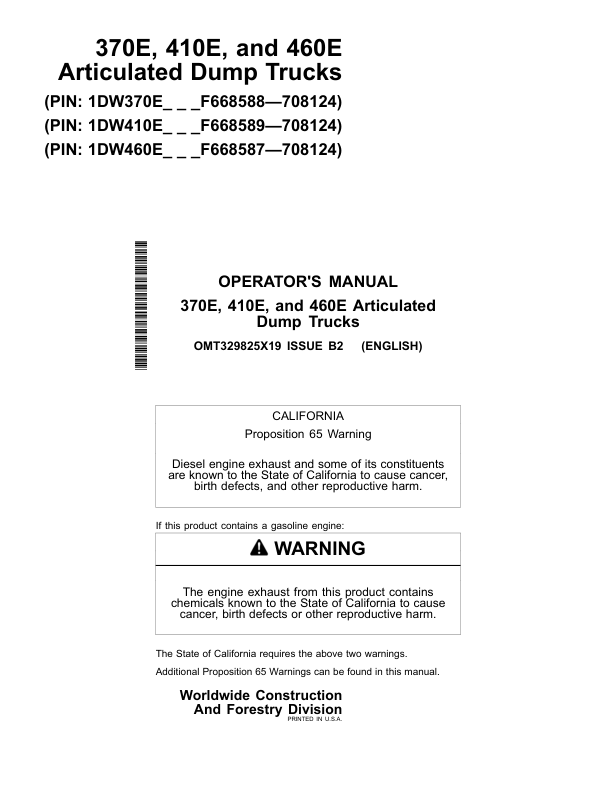 John Deere 370E, 410E, 460E Articulated Dump Trucks Operator's Manuals (OMT329825X19)