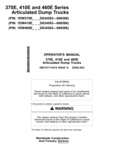 John Deere 370E, 410E, 460E Articulated Dump Trucks Operator's Manuals (OMT331714X19)