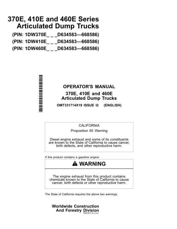 John Deere 370E, 410E, 460E Articulated Dump Trucks Operator's Manuals (OMT331714X19)
