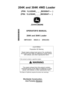John Deere 204K, 304K Loaders Operator's Manuals (OMT333031)