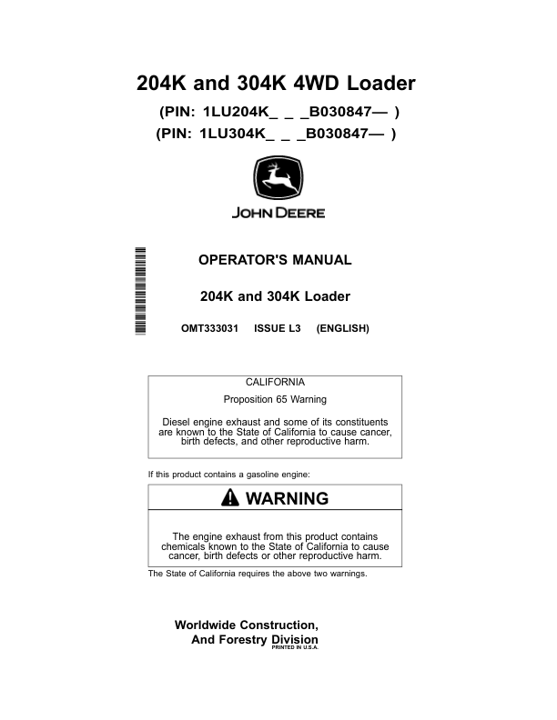John Deere 204K, 304K Loaders Operator's Manuals (OMT333031)