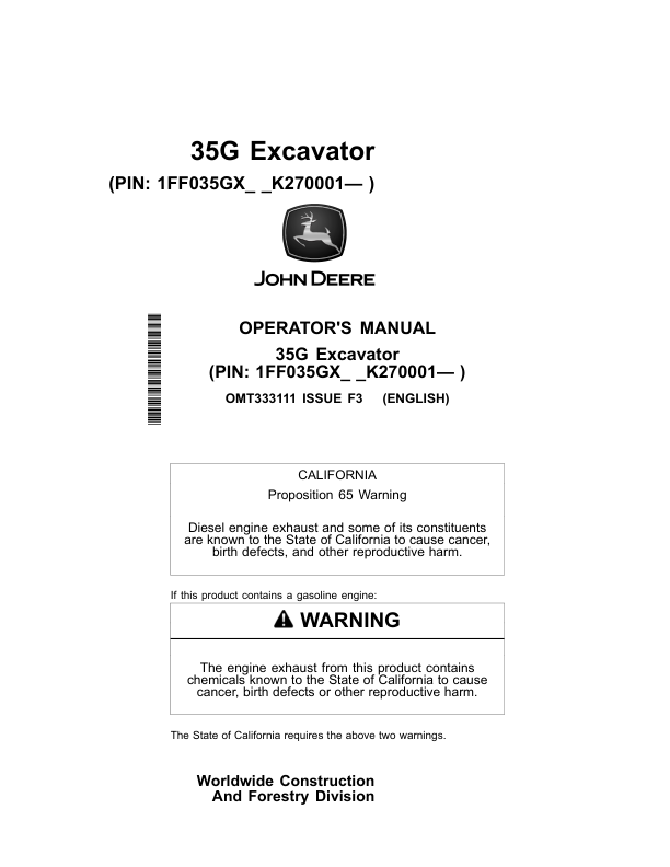 John Deere 35G Excavators Operator's Manuals (OMT333111)
