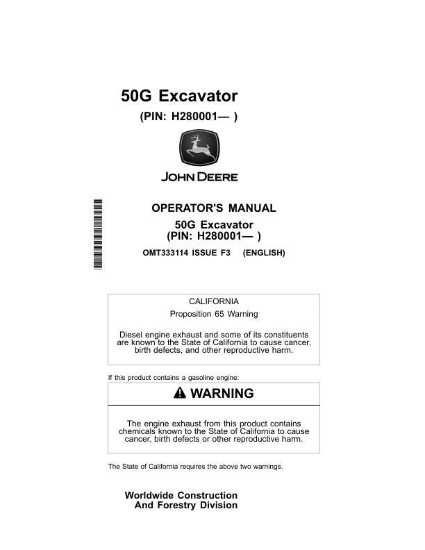 John Deere 50G Excavators Operator's Manuals (OMT333114)
