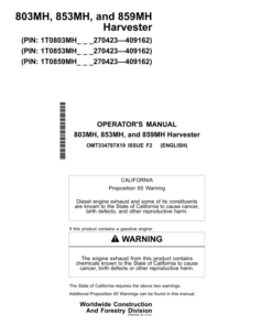 John Deere 803MH, 853MH, 859MH Tracked Harvesters Operator's Manuals (OMT334797X19)