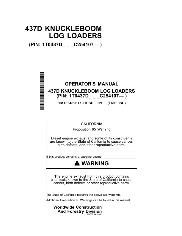 John Deere 437D Knuckleboom Loader Operator's Manuals (OMT334826X19)
