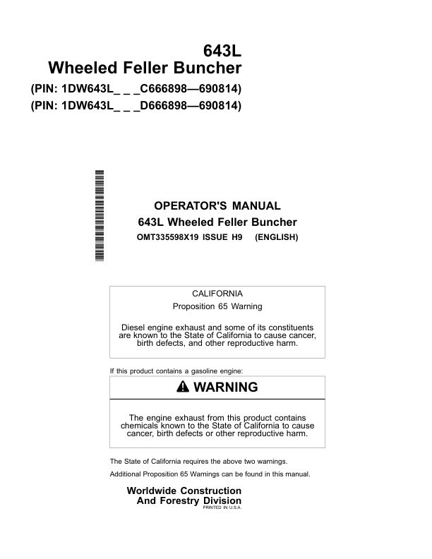 John Deere 643L Wheeled Feller Bunchers Operator's Manuals (OMT335598X19)
