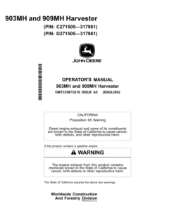 John Deere 903MH, 909MH Tracked Harvesters Operator's Manuals (OMT335673X19)