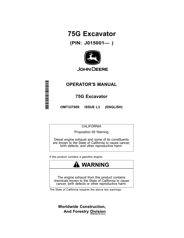 John Deere 75G Excavators Operator's Manuals (OMT337609)