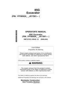 John Deere 85G Excavators Operator's Manuals (OMT337610)