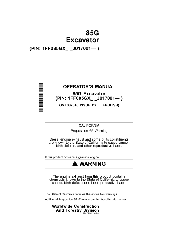 John Deere 85G Excavators Operator's Manuals (OMT337610)