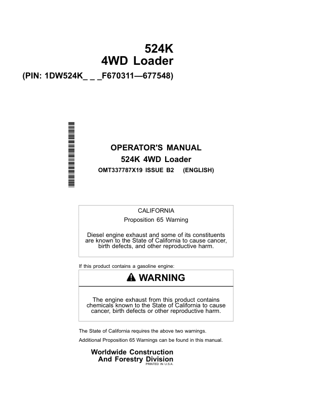 John Deere 524K Loaders Operator's Manuals (OMT337787X19)