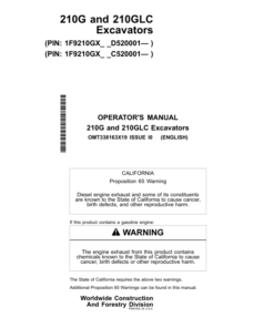 John Deere 210G, 210GLC Excavators Operator's Manuals (OMT338163X19)