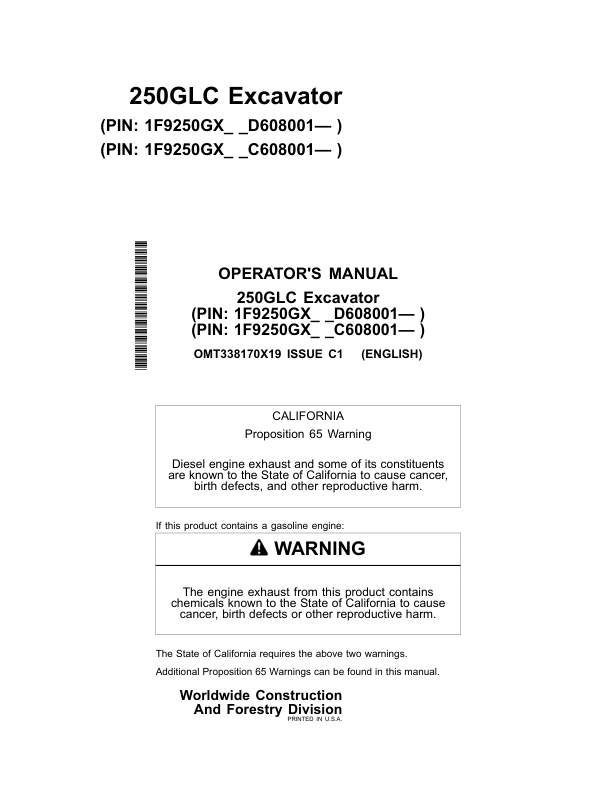 John Deere 250GLC Excavators Operator's Manuals (OMT338170X19)