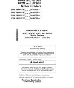 John Deere 670G, 670GP, 672G, 672GP Motor Graders Operator's Manuals (OMT342547)