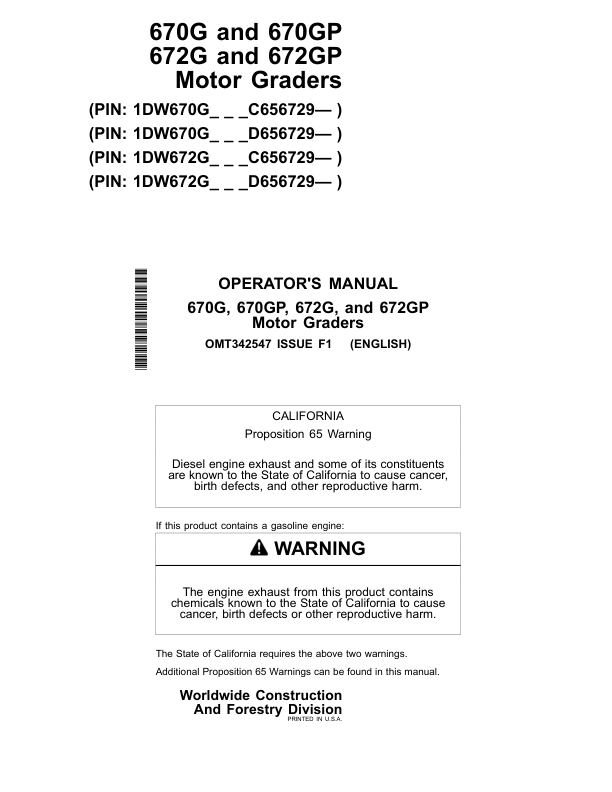 John Deere 670G, 670GP, 672G, 672GP Motor Graders Operator's Manuals (OMT342547)