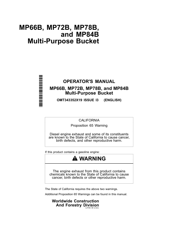 John Deere MP66B, MP72B, MP78B, MP84B Worksite Pro Attachments Operator's Manuals (OMT343352X19)