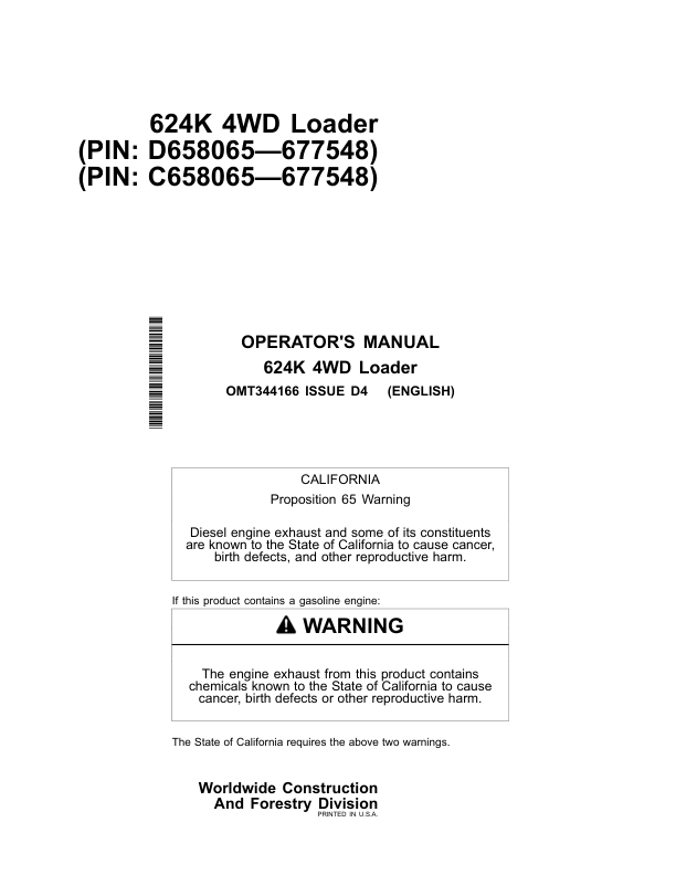 John Deere 624K Loaders Operator's Manuals (OMT344166)