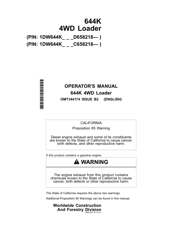 John Deere 644K Loaders Operator's Manuals (OMT344174)