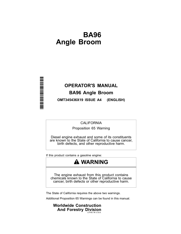 John Deere BA96 Worksite Pro Attachments Operator's Manuals (OMT345436X19)