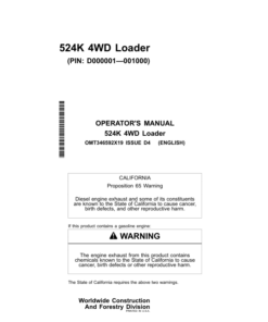 John Deere 524K Loaders Operator's Manuals (OMT346592X19)