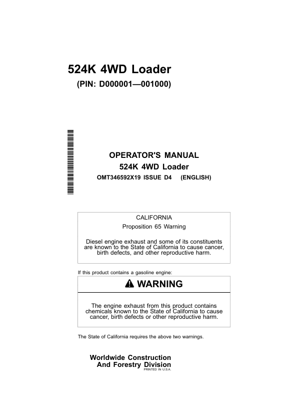 John Deere 524K Loaders Operator's Manuals (OMT346592X19)
