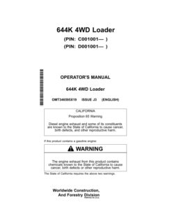 John Deere 644K Loaders Operator's Manuals (OMT346595X19)