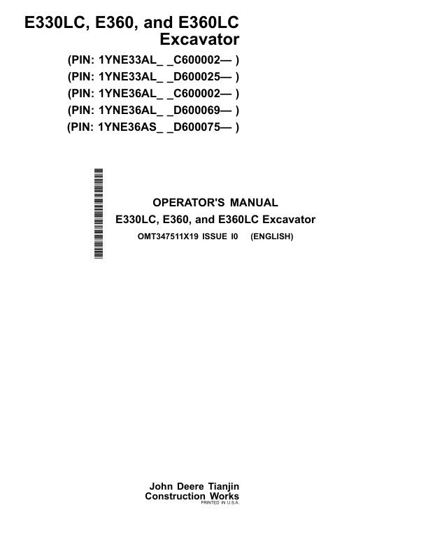 John Deere E330LC, E360, E360LC Excavators Operator's Manuals (OMT347511X19)