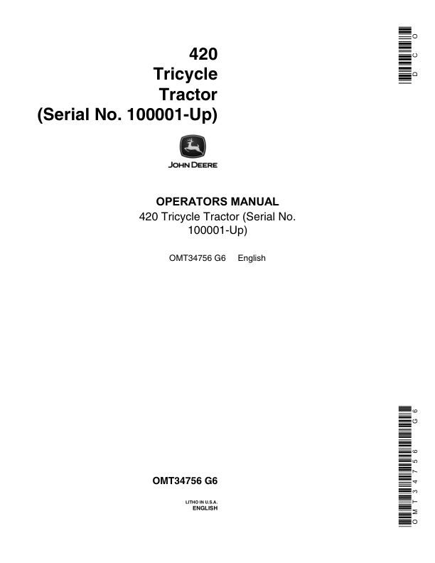 John Deere 420 Tricycle Tractor (100001-) Operator's Manual (OMT34756)