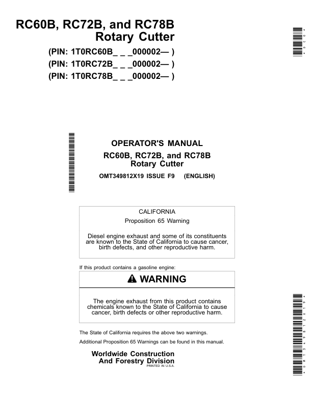 John Deere RC60B, RC72B, RC78B Rotary Cutter Operator's Manual (OMT349812X19)