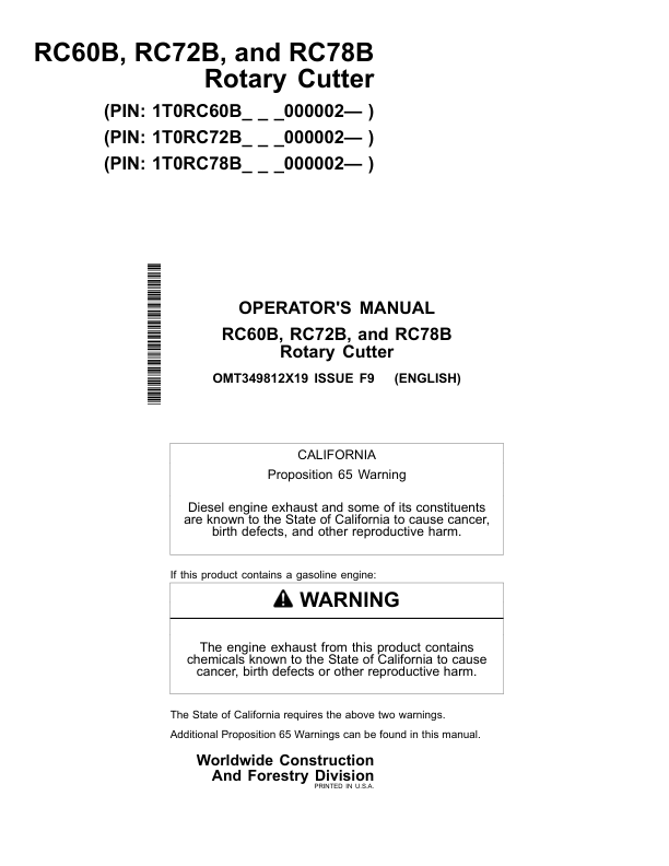 John Deere RC60B, RC72B, RC78B Worksite Pro Attachments Operator's Manuals (OMT349812X19)