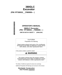 John Deere 380GLC Excavators Operator's Manuals (OMT351367X19)