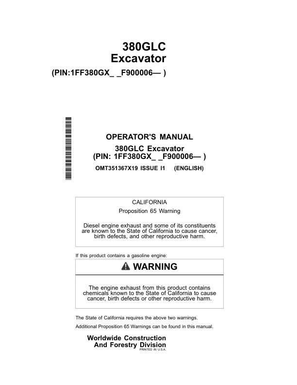 John Deere 380GLC Excavators Operator's Manuals (OMT351367X19)