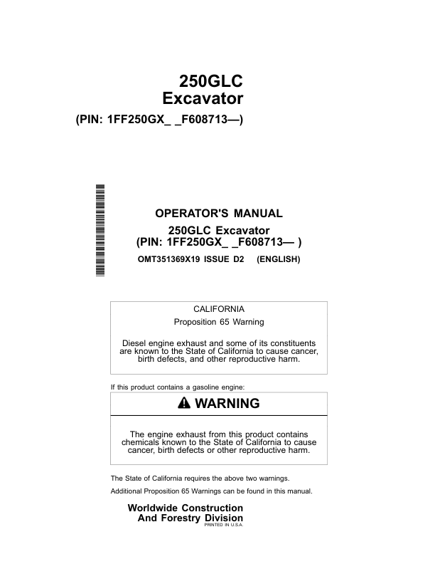 John Deere 250GLC Excavators Operator's Manuals (OMT351369X19)