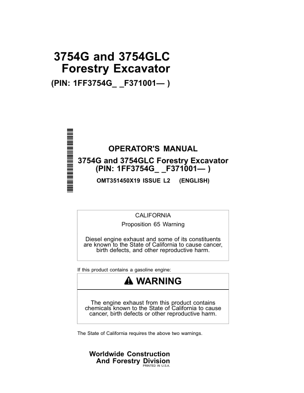 John Deere 3754G, 3754GLC Excavator Operator's Manuals (OMT351450X19)